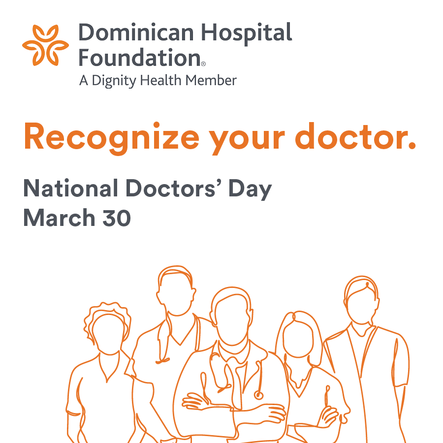 White background with orange squares and care, physician and hospital icons within each, with Recognize a doctor on National Doctors' Day March 30