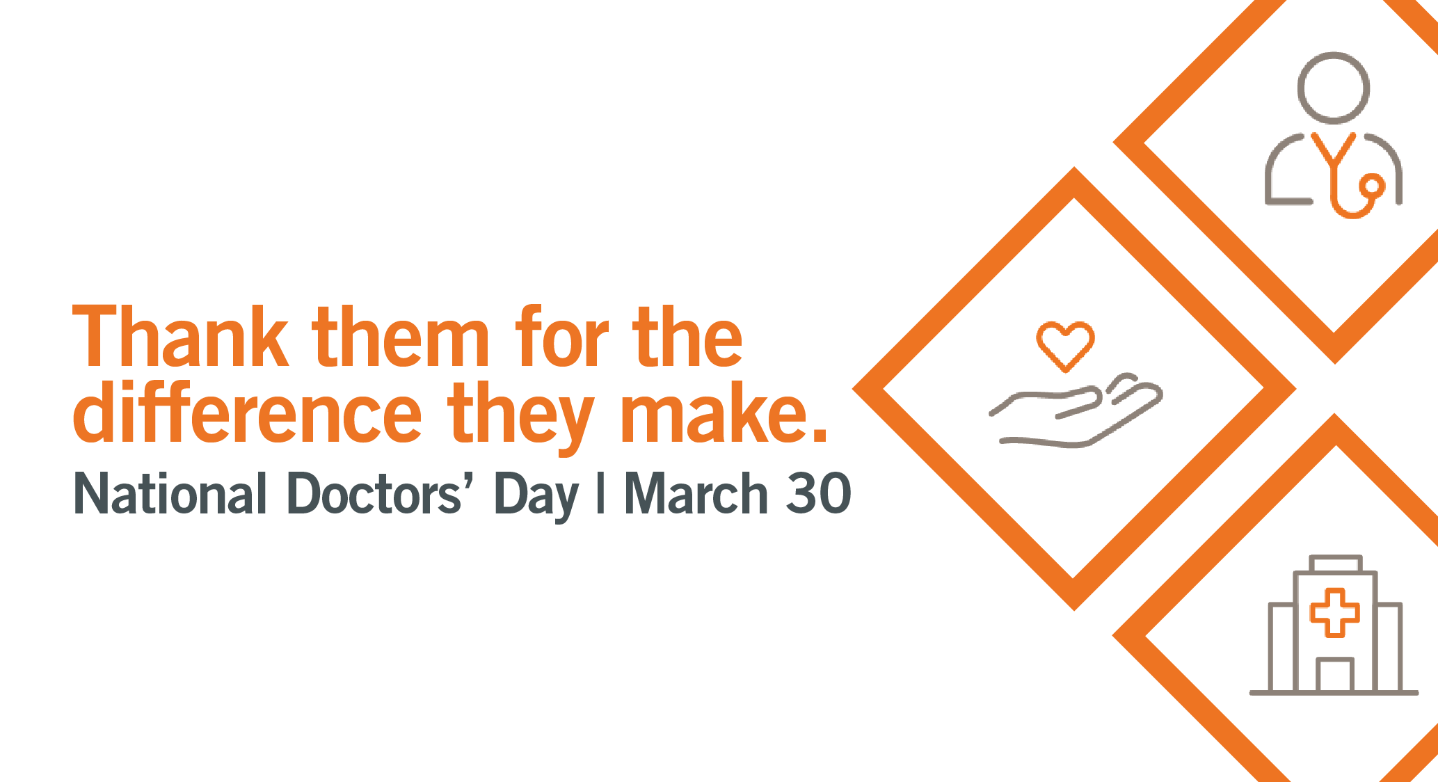 White background with orange squares and care, physician and hospital icons within each, with Recognize a doctor on National Doctors' Day March 30